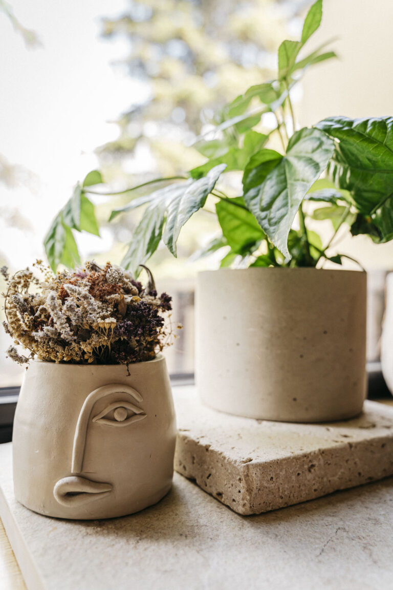 Blumentöpfe aus Beton mit Gesicht grau